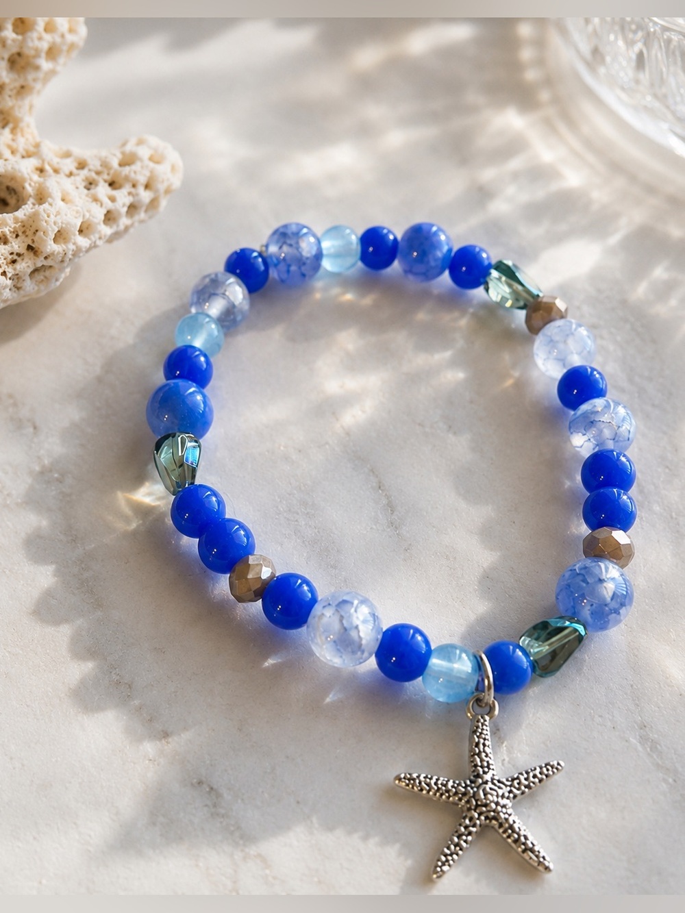Blue Beaded Starfish Charm Bracelet